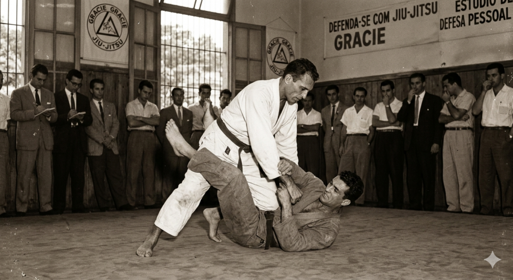 Vintage Gracie family BJJ training photo showcasing traditional Brazilian Jiu-Jitsu techniques at Mastery Martial Arts Bangkok